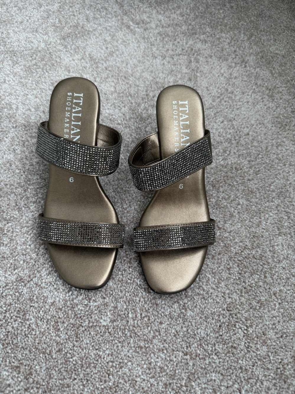 Italian Shoemakers Metallic Bronze Rhinestone Double-Strap Slide Sandals